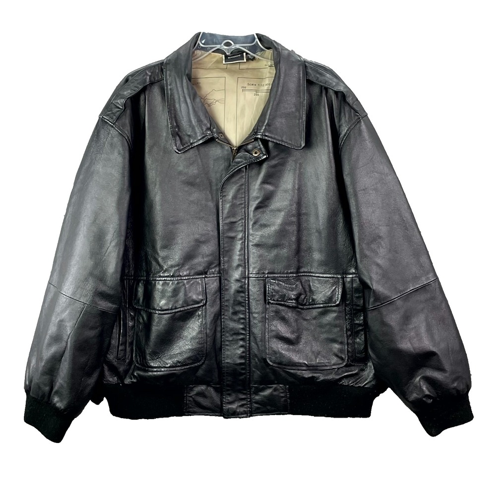 Mazzoni Jacket Men's XL Black Genuine Leather Insulated Heavy Bomber Biker Retro